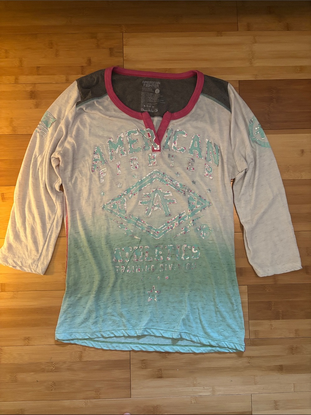 American Fighter Ombre Henley Top in Teal, Cream & Pink Trim